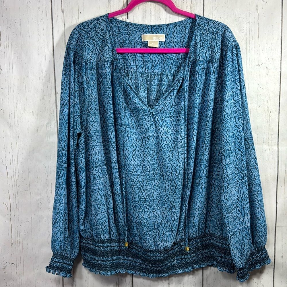 Michael Kors Smocked Blue Keyhole Front Tie Long Sleeve Abstract Boho Blouse